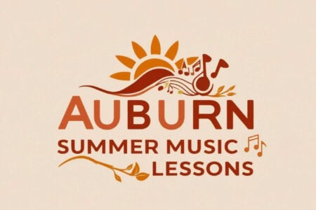 Auburn Summer Music Lessons logo with a stylized sun, musical notes, and leaves on a light cream background.
