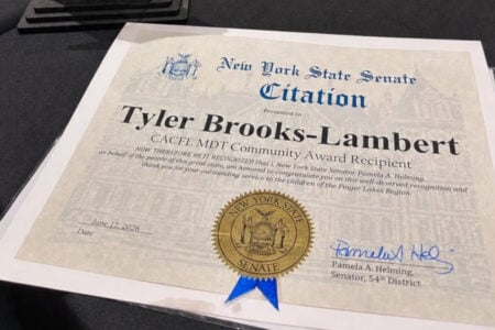 NY State Senate Citation for Tyler Brooks-Lambert, recognizing service to Finger Lakes children, signed by Senator Helming.