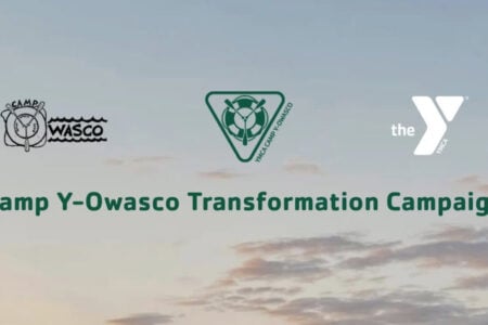Three camp and YMCA logos appear above "Camp Y-Owasco Transformation Campaign" text on a cloudy sky background.