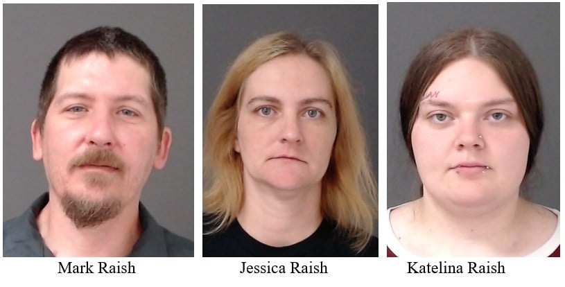 Mugshots of Mark Raish, Jessica Raish, and Katelina Raish, standing against a plain gray wall.