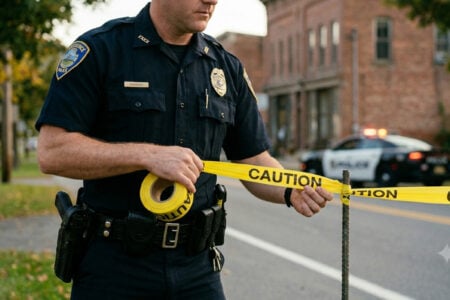 Uniformed police officer sets up yellow "CAUTION" tape on a street, with a patrol car and brick building in the background.