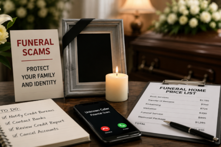 Funeral scams warning sign, a phone with a scam call, ID theft to-do list, and a funeral price list on a table with a coffin.