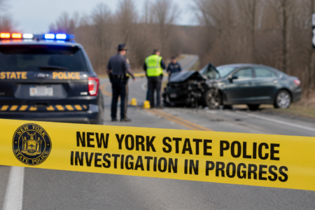 New York State Police Investigation in Progress" tape foregrounds officers investigating a wrecked car on a rural road.