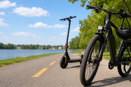 Black e-bike with a helmet and an e-scooter parked on a paved path next to a lake with trees under a blue sky.
