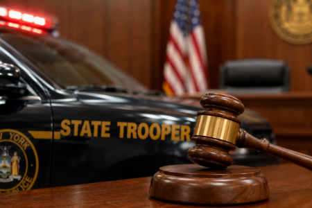 Gavel on wooden bench, with a New York State Trooper car and US flag in a blurred courtroom background.