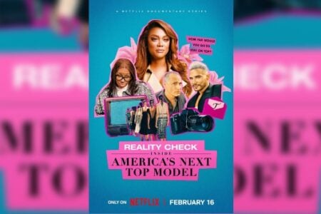 Tyra Banks and ANTM judges on a colorful Netflix documentary poster for 'Reality Check: Inside America's Next Top Model.'