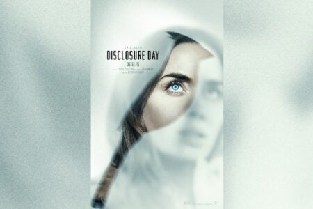 Woman's piercing blue eye stares from a fractured surface on a "Disclosure Day" movie poster, her blurred face behind.