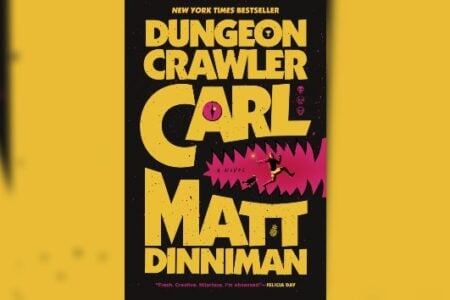 Dungeon Crawler Carl" book cover: yellow title on black, with a character and cat leaping inside a jagged pink monster mouth.