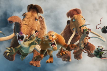 Ice Age characters Manny, Sid, Diego, Ellie, Buck, Crash, and Eddie in expressive poses against a cloudy sky.