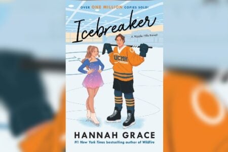 Icebreaker" book cover features a figure skater in a sparkling dress and a hockey player in an orange jersey on an ice rink.