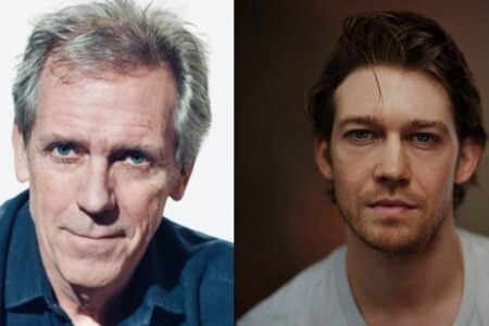 Side-by-side portraits of Hugh Laurie (left) with grey hair and Joe Alwyn (right) with brown hair, both looking forward.