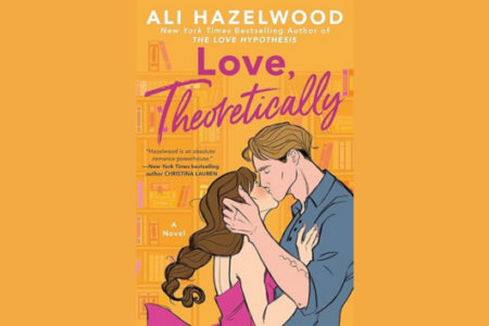 Book cover for Ali Hazelwood's 'Love, Theoretically,' featuring an illustration of a man and woman kissing in front of bookshelves.