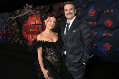 Millie Bobby Brown and David Harbour pose on a red carpet in front of a Stranger Things 5 promotional backdrop.