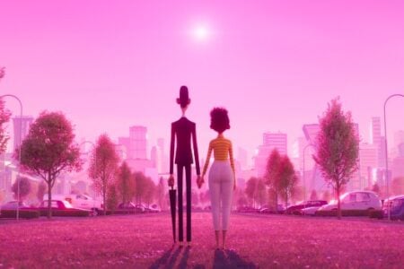 Animated man and woman hold hands in a pink-hued city park, looking at the bright sky above a skyline.