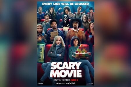 Poster for "SCARY MOVIE" showing a diverse cast of horror film parodies, including Ghostface, sitting in a cinema.