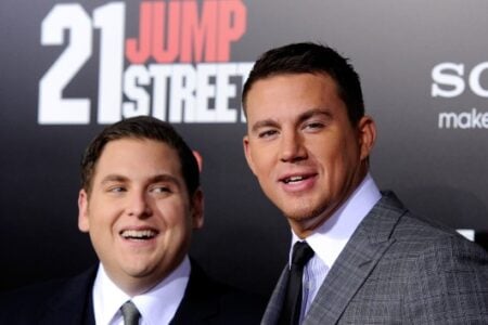 Jonah Hill and Channing Tatum pose and smile at the "21 Jump Street" movie premiere.