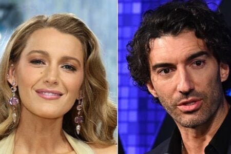 Blake Lively smiling in a light background; Justin Baldoni with dark curly hair and beard against a blue background.