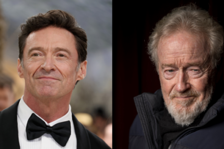 Hugh Jackman in a tuxedo smiling outdoors on the left; Ridley Scott with a white beard in a dark jacket looking at the camera on the right.