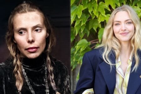 Amanda Seyfried portraying Joni Mitchell with braids (left) and smiling against green ivy (right).