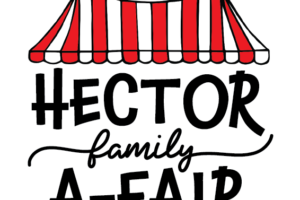 Logo for "Hector family A-FAIR" featuring a red and white striped carnival tent with blue flags.