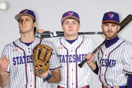 Three Statesmen baseball players pose in pinstripe jerseys, holding bats and a glove, with a floating baseball, against a white background.