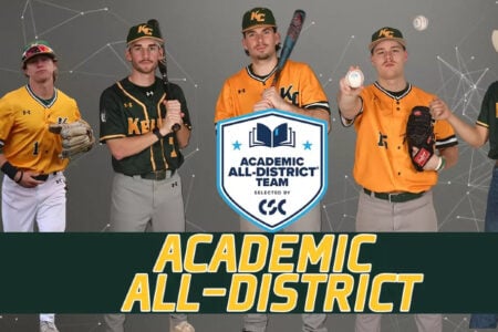 Five Keluka College baseball players in uniforms pose with bats, gloves, and baseballs, celebrating Academic All-District recognition.