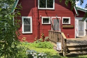 Red building with a "Sunny Point" sign above its deck, surrounded by trees and a garden of white daisies.
