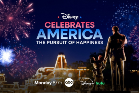 Walt Disney and Mickey Mouse statue gazes at red, white, and blue fireworks over a Disney castle for 'Disney Celebrates America'.