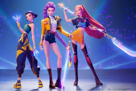 Three stylized animated women in edgy outfits pose with glowing swords and shurikens on a blue stage.