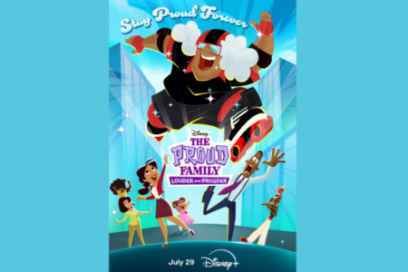The Proud Family: Louder and Prouder poster shows Sugar Mama on roller skates soaring above Penny, Oscar, and family in a city.