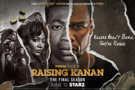 Power Book III: Raising Kanan poster features a young man's face torn to reveal an older man, surrounded by characters, bullets, and cash.