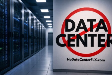 Server racks in a data center on one side, and a 'No Data Center' sign with NoDataCenterFLX.com on a wall on the other.