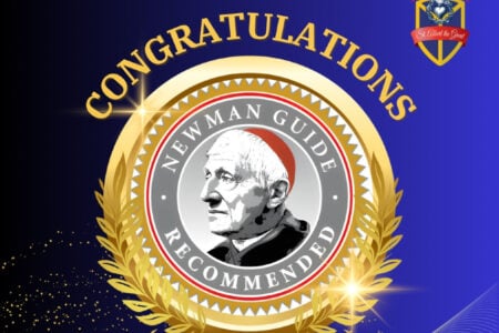 Congratulations graphic featuring a gold Newman Guide Recommended seal with a profile illustration, and the St. Albert the Great logo.