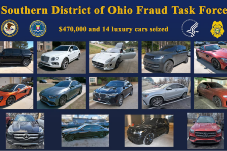 Southern District of Ohio Fraud Task Force graphic displays 14 seized luxury cars and $470,000.