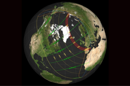 Map of Earth showing the path of an annular solar eclipse over Greenland, the Arctic, and northern Europe, with partial obscuration lines.