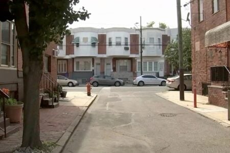 Brick row houses line a residential street with parked cars and a red fire hydrant on the sidewalk.