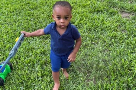 Black toddler in blue pushes a blue and green toy lawnmower on a lush green lawn.