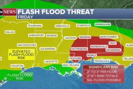ABC News map shows Friday flash flood threat for Gulf Coast, with significant risk in parts of MS and AL.