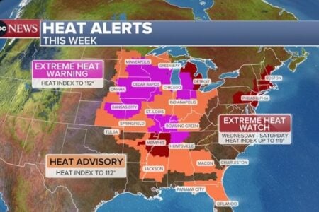 Weather map of the central and eastern US showing purple "Extreme Heat Warning," orange "Heat Advisory," and red "Extreme Heat Watch" zones.