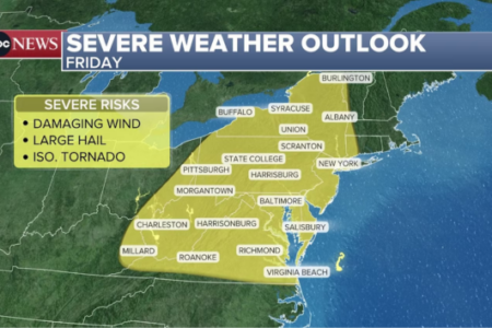 ABC News map: Friday's severe weather outlook for Eastern US, including NY, with risks of damaging wind, large hail, and iso. tornado.