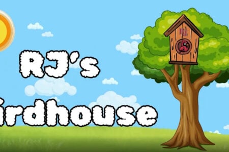 Cartoon scene with a smiling sun, a tree with a birdhouse showing a red cardinal, and the text 'RJ's Birdhouse' against a blue sky.