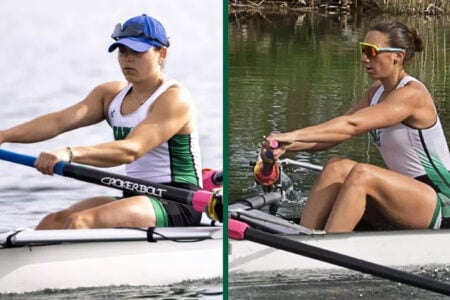 Two female scullers in white and green athletic gear shown side-by-side, rowing on water in separate scenes.