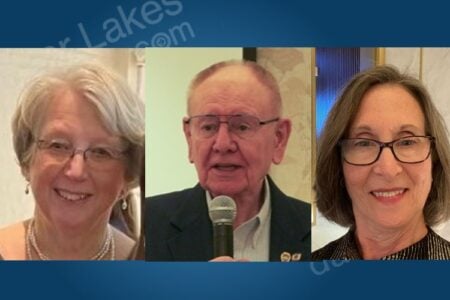 Three headshots featuring a man speaking into a microphone between two smiling women.