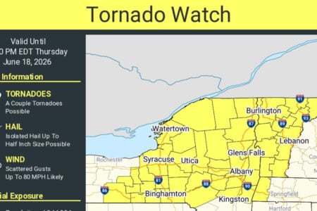 Map displays a Tornado Watch across central and northern New York and Vermont until June 18, 2026.