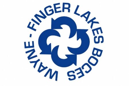 Circular blue Wayne-Finger Lakes BOCES logo featuring text around a central four-arrow recycling symbol on a white background.