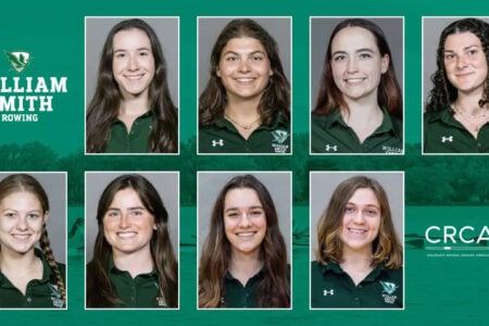 Seven smiling William Smith College women rowers in green team shirts posing for headshots against a stylized green rowing background.