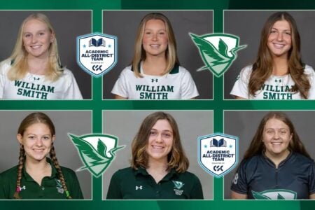 Six William Smith College student-athletes smile in a grid of portraits, honored as Academic All-District.