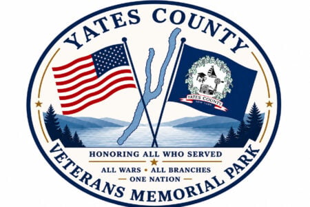 Yates County Veterans Memorial Park logo featuring American and county flags, Keuka Lake, and "Honoring All Who Served" text.