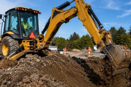 A yellow backhoe with a worker in the cab digs a trench at a sunny outdoor construction site.