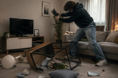 Person in a dark hoodie smashes a table with an object in a chaotic living room filled with broken items.